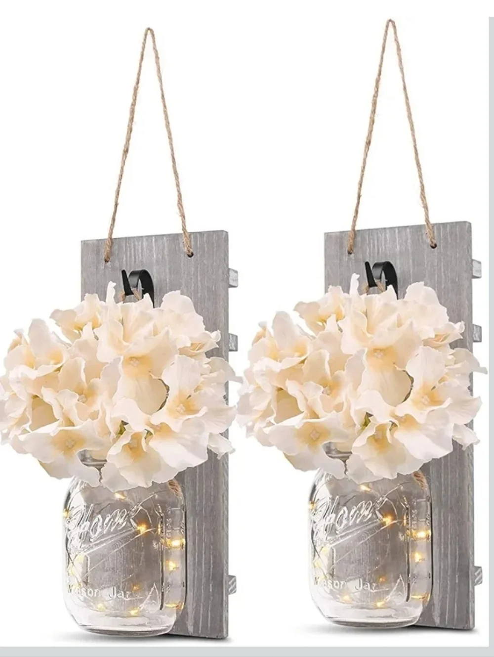 Rustic Cream Floral Mason Jar Wall Sconce with Twine Hanger (Set of 2)